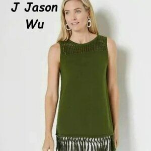 J JASON WU Sleeveless Sweater Tunic w/ Fringe, Olive, X-Large